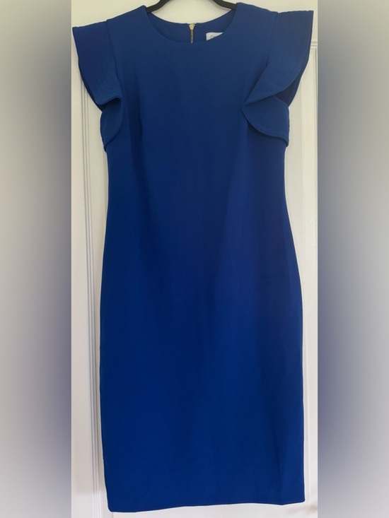 Calvin Klein Dresses & Skirts - Calvin Klein Blue Sheath Dress 8 Ruffle Sleeve Career Cocktail